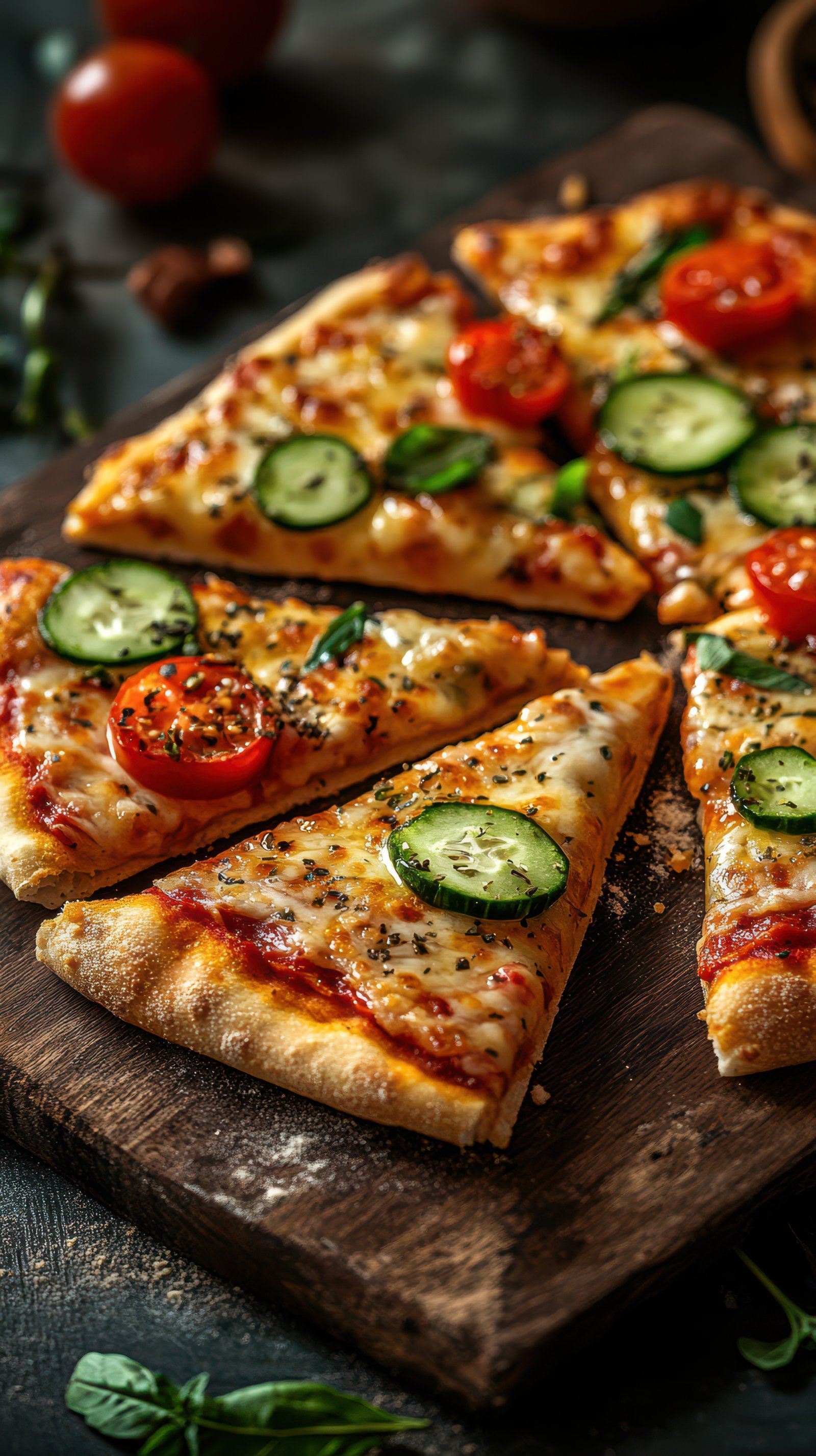 Delicious slices of fresh pizza topped with tomatoes and cucumbers on a wooden board
